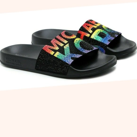Michael Kors Womens Gilmore Rainbow🌈Pride Pool Slide Sandals - Picture 1 of 6
